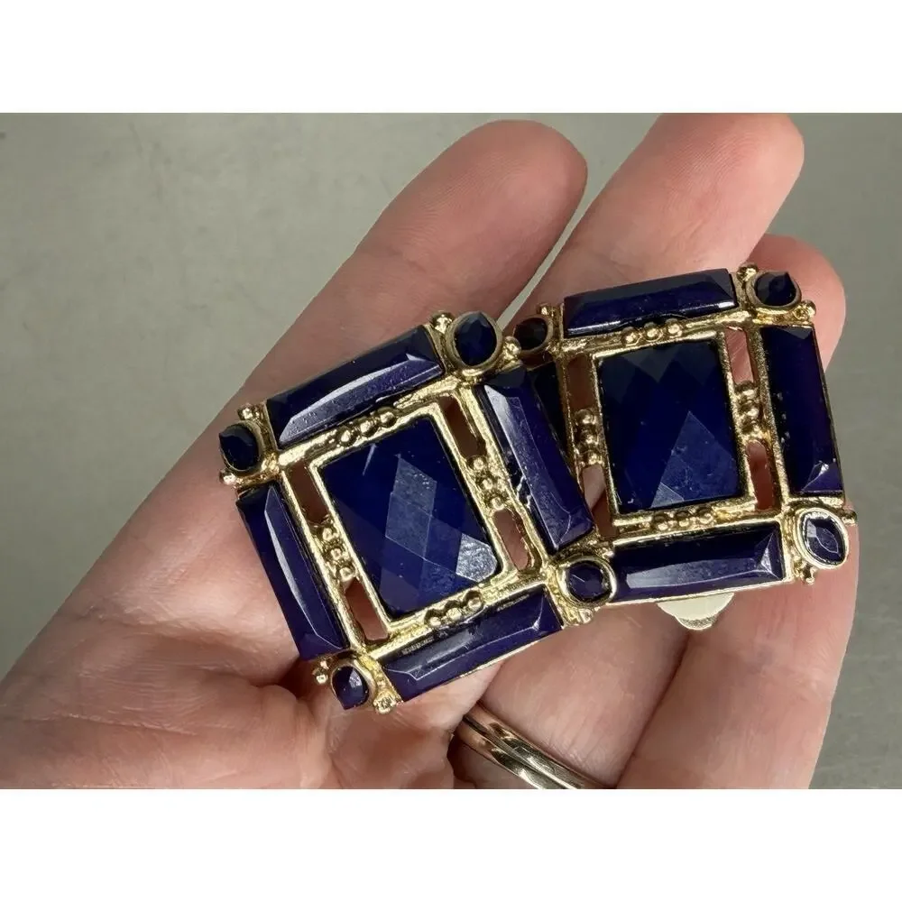 Vintage Chunky Gold Square Blue Clip On Earrings 1980s Faceted